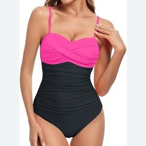 New Yonique Women’s Neon Pink Black One Piece Swimsuit Removable Straps Small